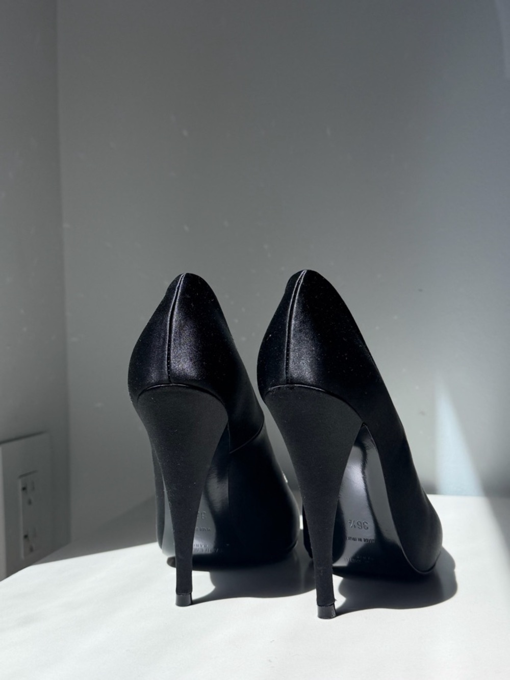 Saint Laurent Black Satin Peep-Toe Pumps with Crystal Buckle Accent - Picture 3 of 10